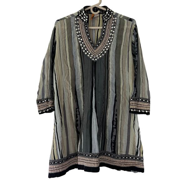 Anu shift tunic striped 3/4 sleeve beaded neckline lightweight vacation boho L - Picture 1 of 12